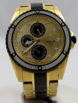 New in Box Mens Bulova Gold Black 98E106 Marine Star Diamond