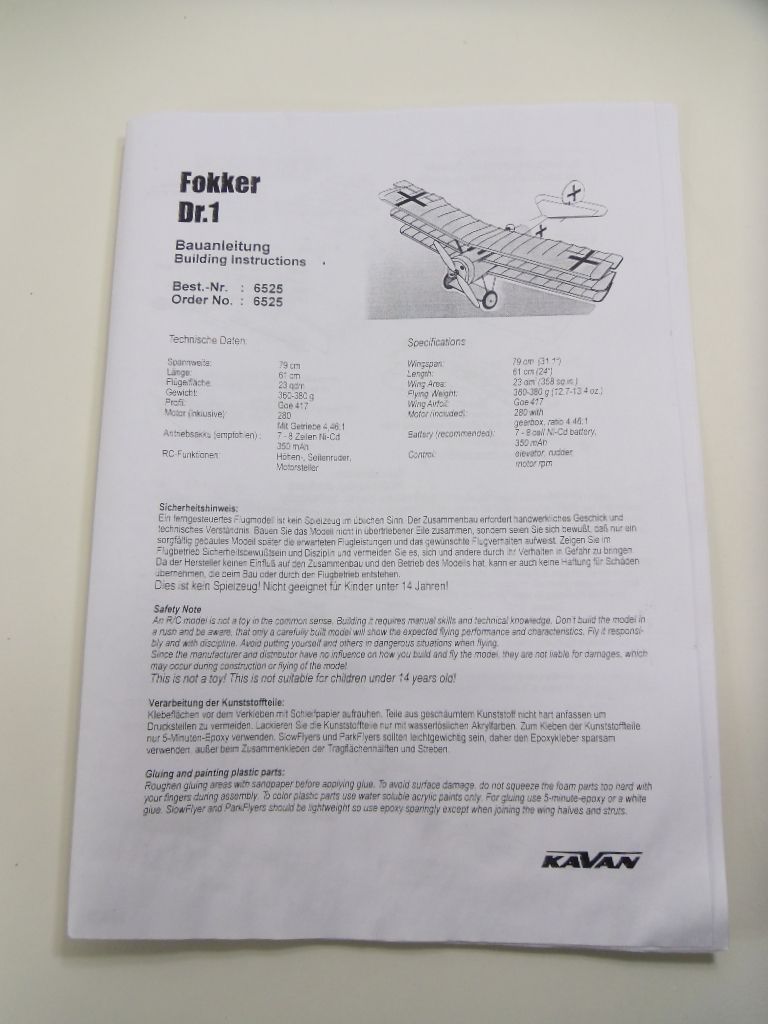 Kavan Fokker Dr 1 Elektro ARF RC Airplane Slow Fly Triplane