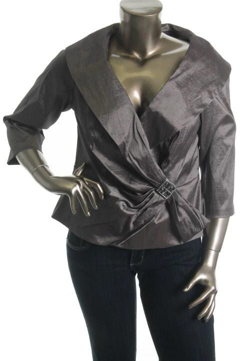 KM Collections Brown Taffeta 3 4 Sleeves Faux Wrap Top Blouse Plus 14W