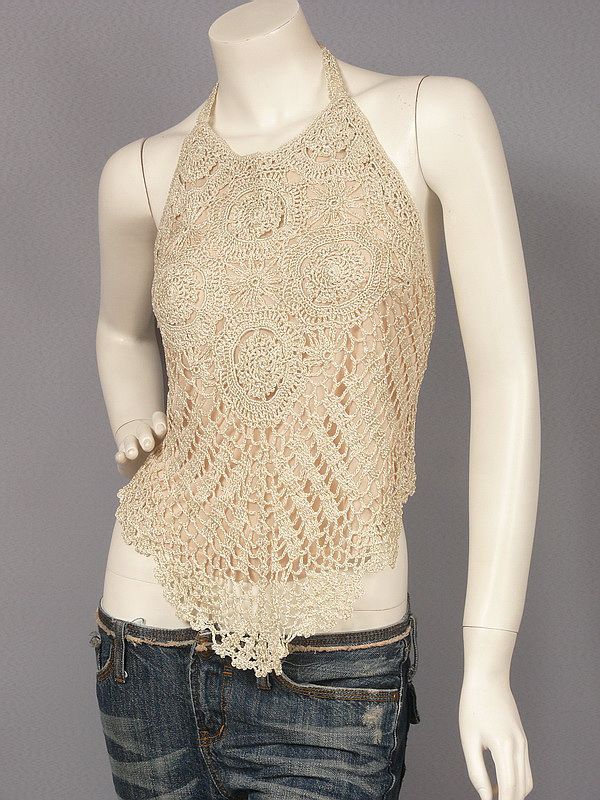 Sexy Beige Knit Crochet Tie Back Halter Top Vest M