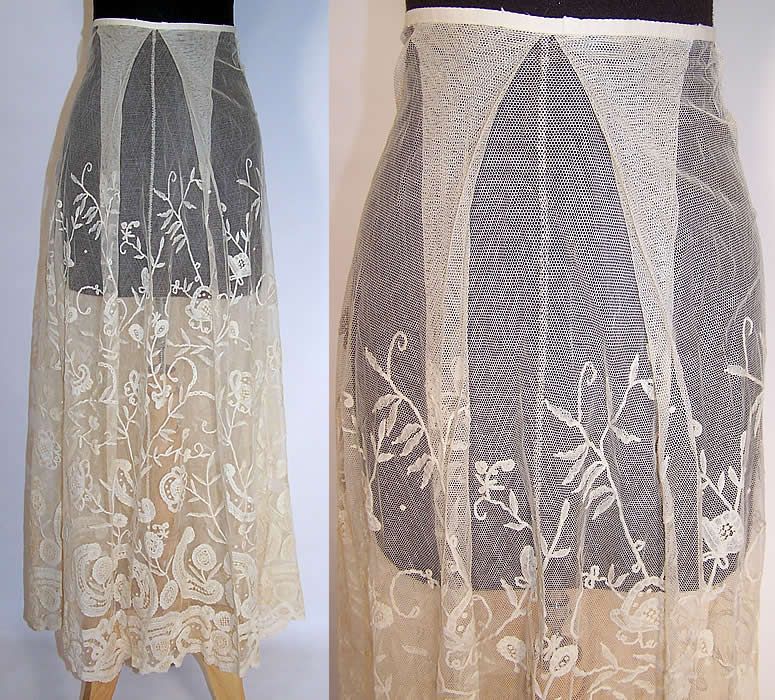 Antique Duchesse Brussels Bobbin Lace Applique Net Wedding Skirt Vtg