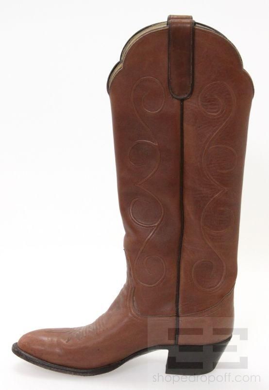 Larry Mahan Brown Leather Tall Almond Toe Western Boots