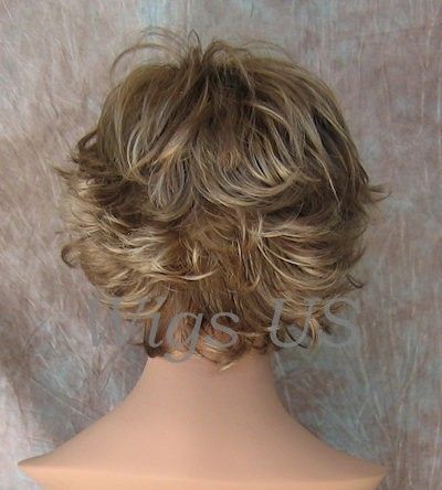 Wigs Dark Ash Blonde Mix Very Short Flip Curls w Bangs Wig