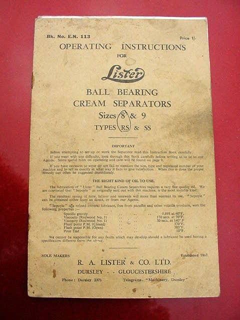 Old Lister Cream Separator Operating Instruction Manual