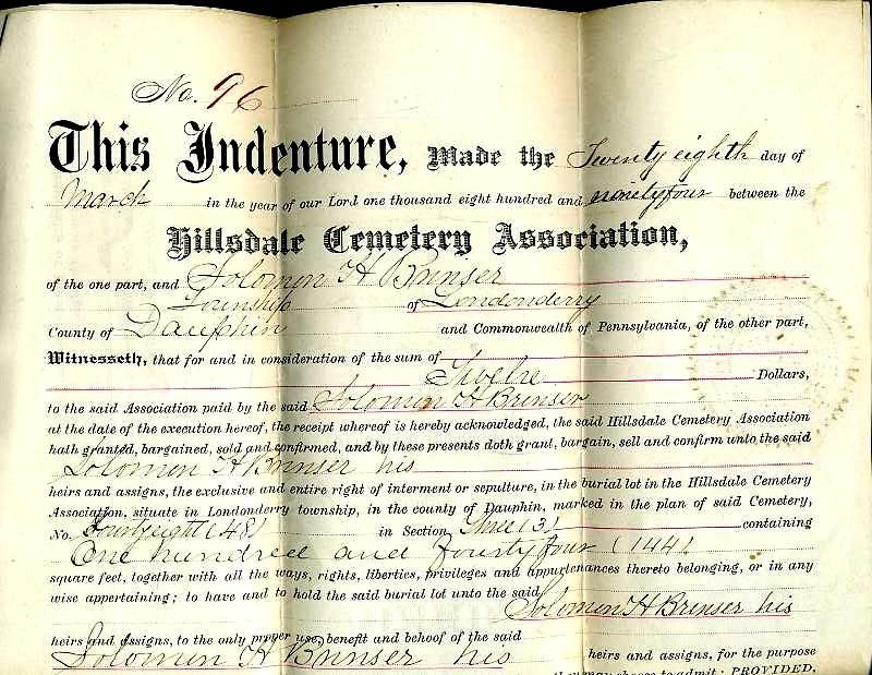 antique SOLOMEN BRENSER CEMETERY DEED londonderry pa dauphin county