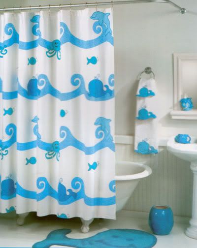 Whale Time Fabric Bath Shower Curtain Dolphin Fish Octopus Waves Blue