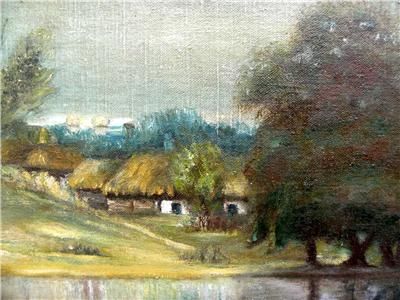 1950s Oil Ukrainian Painting Evening in A Village