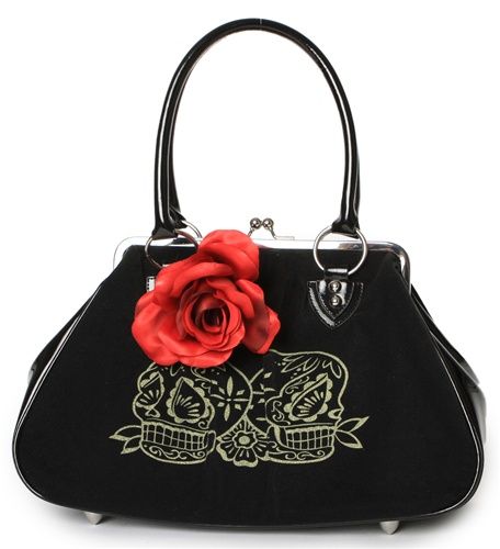 Lux de Ville Lucky Me Blk Sugar Skulls Kiss Lock Purse