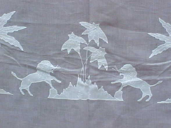 Vintage Madeira Organdy Embroidered Applique Tablecloth Lion Camels