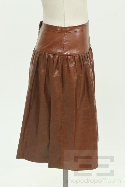Lyn Devon Brown Leather Gathered A Line Pocket Skirt Size 4