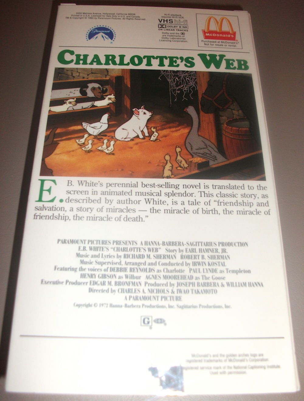 Charlottes Web VHS Video Hanna Barbera 1972 Paramount Pictures 1993