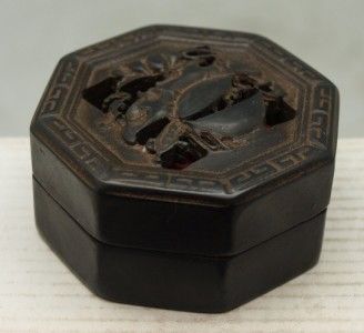 Chinese Black Octagonal Box containing Red Carved Seal / Chop / Stamp