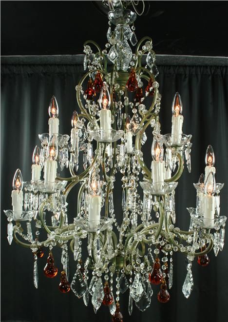Large Maria Theresa Style Chandelier, Amber Murano Glass Pendants, 18