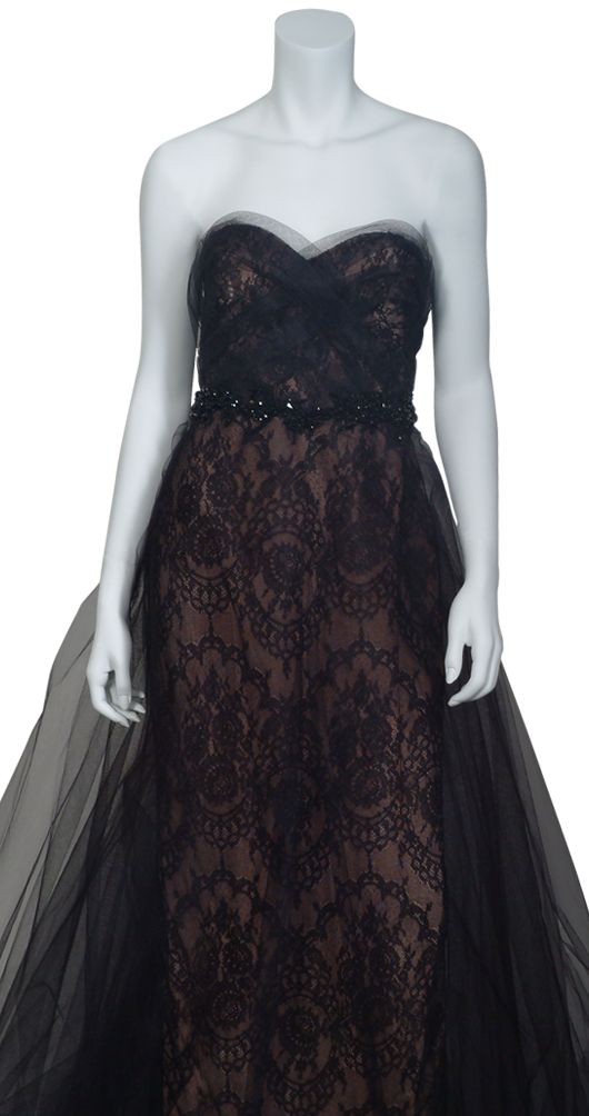 Marchesa Couture Black Lace Fitted Ruched Tulle Beaded Evening Gown