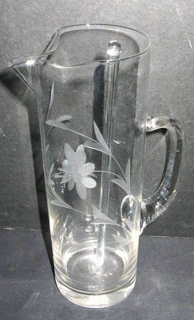 Antique Etched Glass Martini Cocktail Pitcher w Stirrer