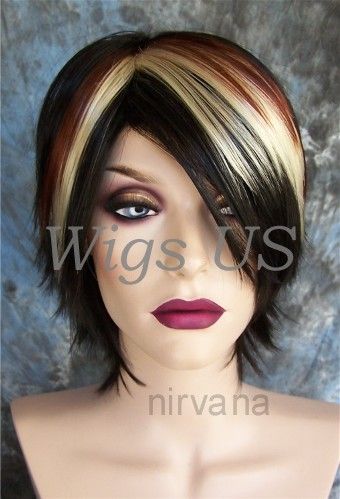 Wigs Short Messy Layers Side Bangs Brown Auburn Blonde Wig US Seller