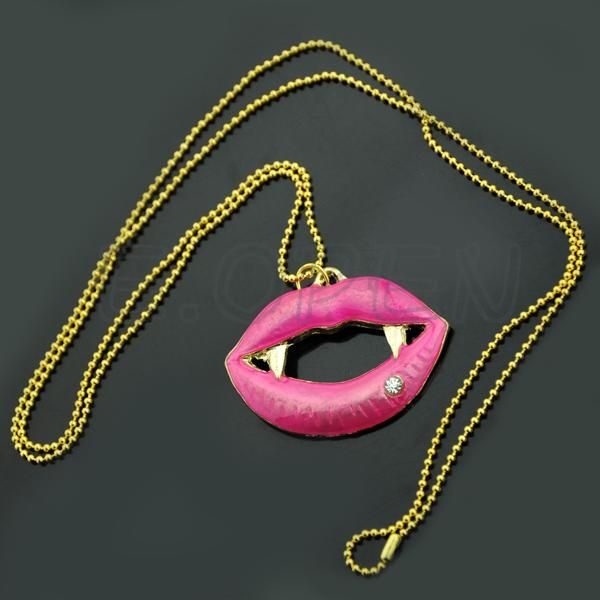 Sexy Lips Kiss Me Vampire Fangs Flames Long Necklace