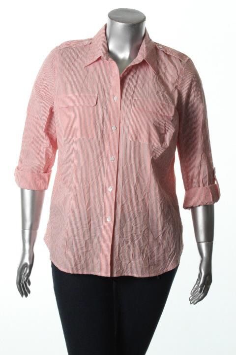 Michael Kors New Orange Crinkled Striped 2 Pocket Button Down Top