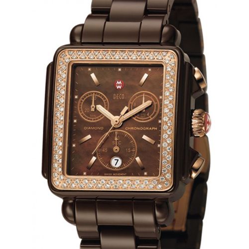 Michele Deco Brown Chocolate Ceramic Diamond Chrono Dress Watch