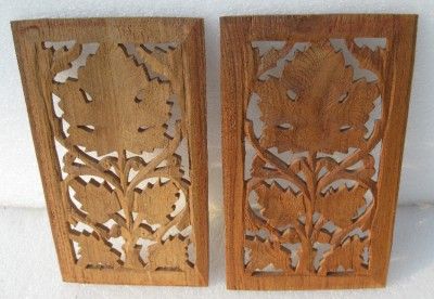 Nice Pair of Pierce Carved Large Leaf Design Teak Panels