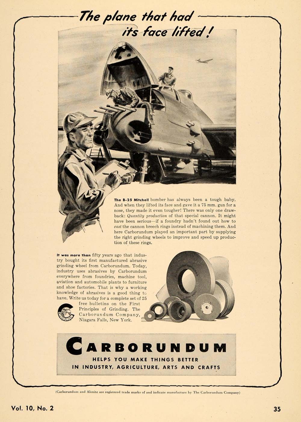 1944 Ad Carborundum Co. Plane B 25 Mitchell Bomber WW2   ORIGINAL