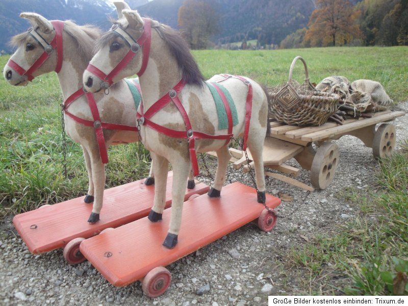 Antique Horse Team w 2 Antique Horses Antique Wooden Cart Coach