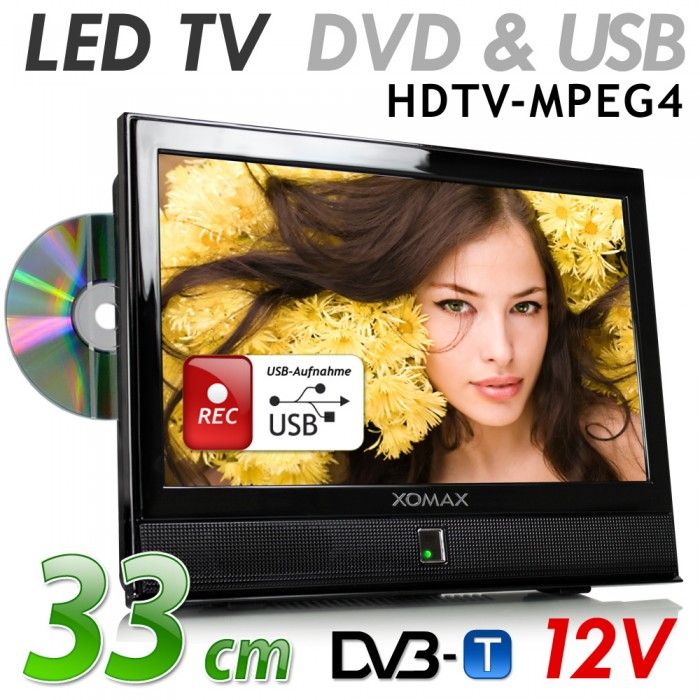 12V 33cm/13 LED HD Fernseher/TV/Monitor VGA DVD MPEG4  DVB T HDMI