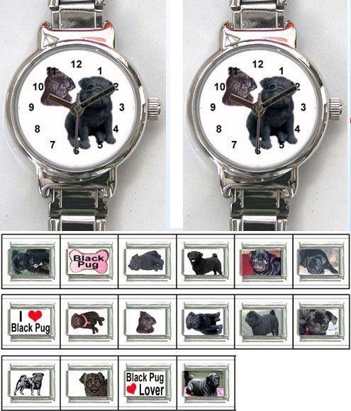 Mops schwarz Italian Charm Uhr +16 Charms