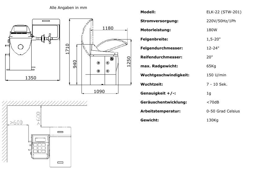 Technische Daten Wuchtmaschine ELK 22 (STW 201)