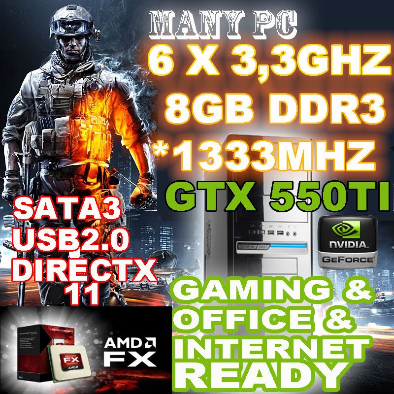 Computer Gamer PC BULLDOZER AMD FX 6100 6x 3,3GHz 8GB DDR3 GeForce