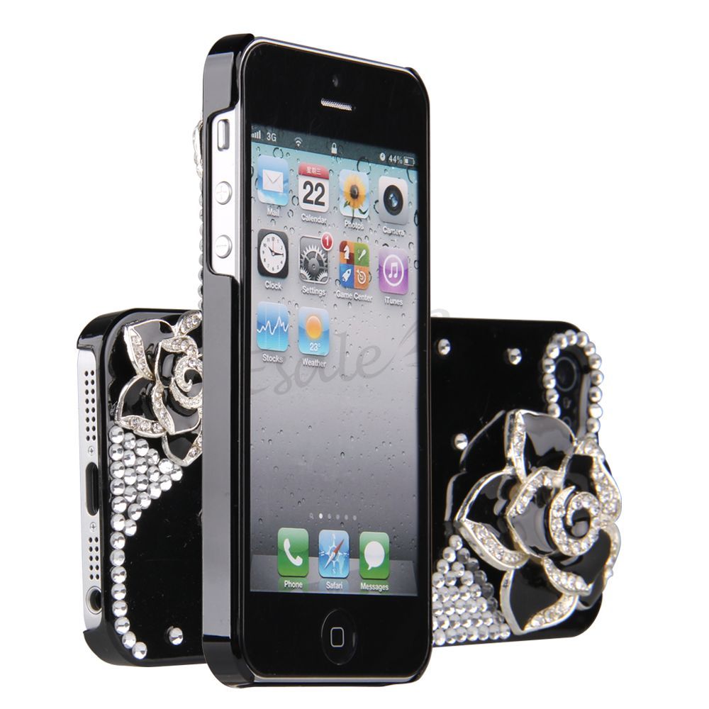 Schwarz Strass Bling Kamelie Handy Huelle Gehaeuse Tasche Etui f