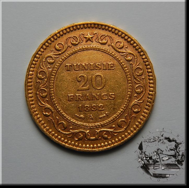 Tunesien 20 Francs ۱۳۰۹ AH1309 / 1892 Gold , Or,Oro #115