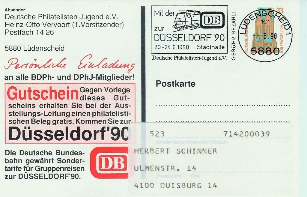 BUND 1990 PRIVATPOSTKARTE PP 162 (mit ANTWORT)