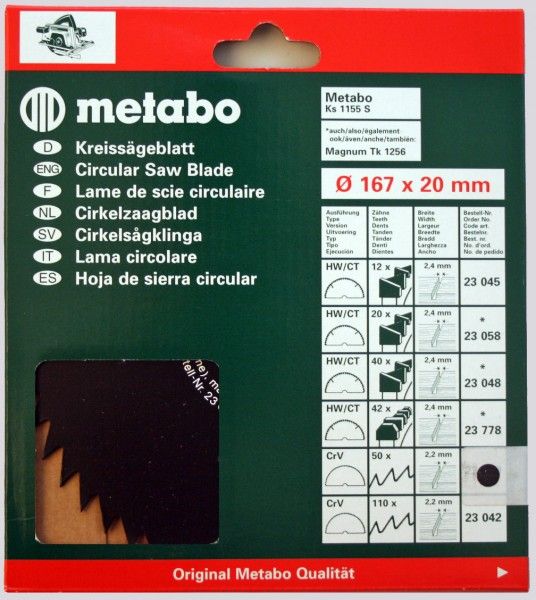 Metabo 23040 Kreissägeblatt 167x1,4x20mm Z=50