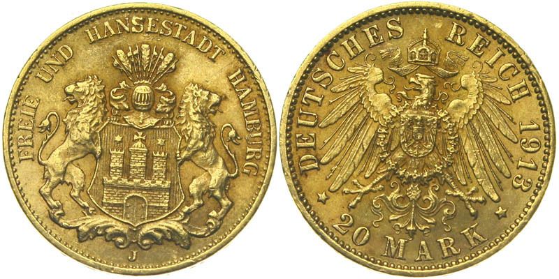 B178 J.212 Hamburg 20 Mark 1913 Gold