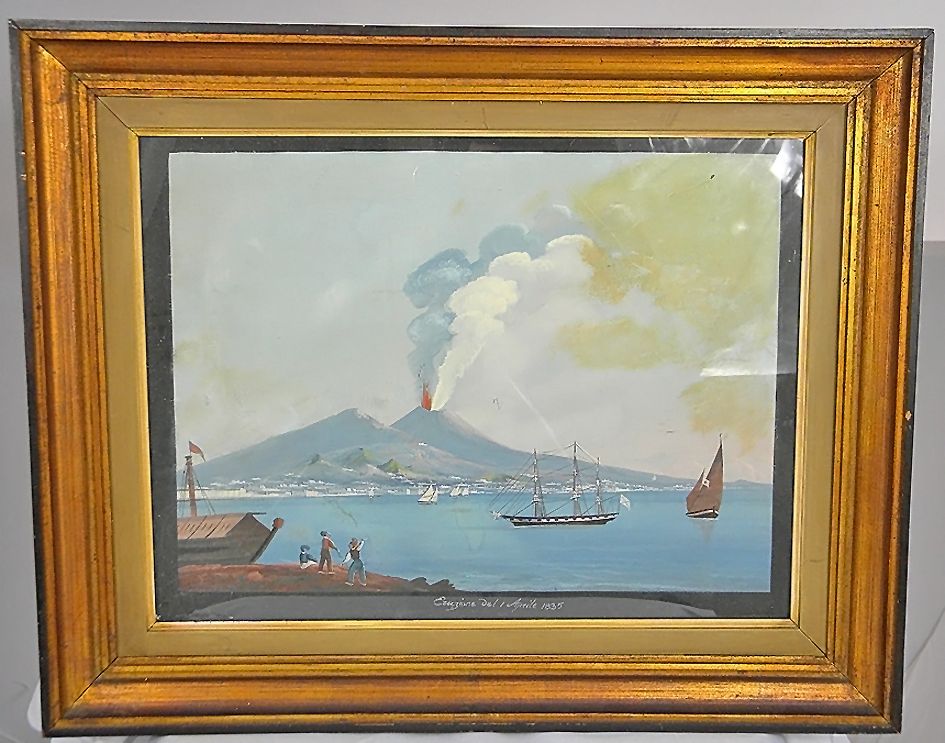 AUSBRUCH DES VESUV NEAPEL ITALIEN GOUACHE MALEREI GEMÄLDE PAINTING 19