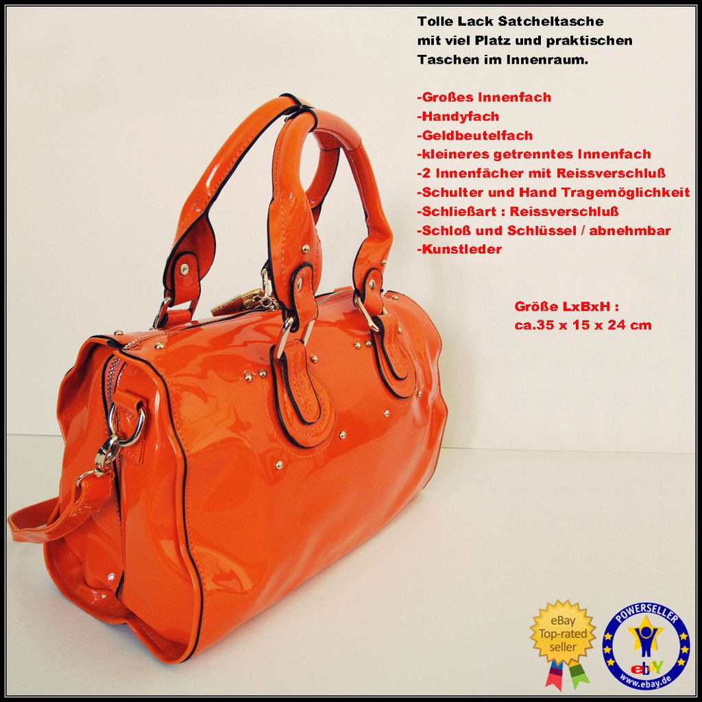 Schicke Handtasche Satchel Paris London Design orange Lack Kunstleder