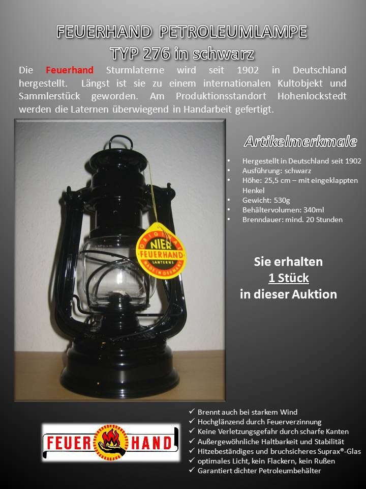 FEUERHAND Typ 276 Petroleumlampe Petroleum Laterne schwarz, NEU