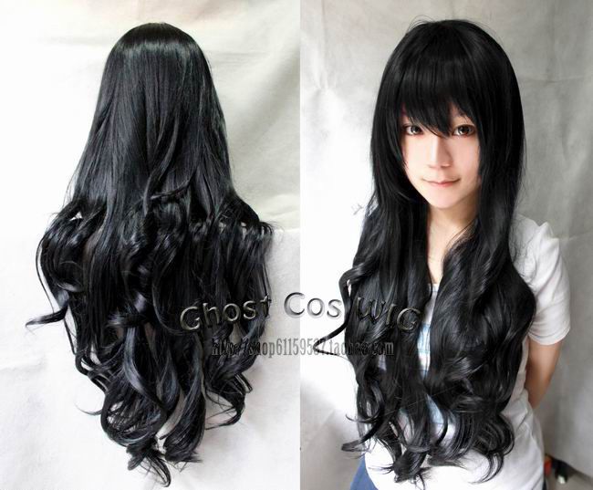 80CM Long wavy black color Cosplay Party Wig 276 free wig cap