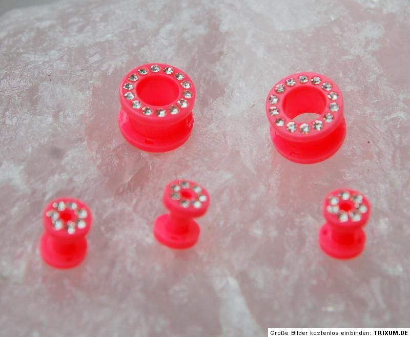 Tunnel 4 mm neon rosa mit Strass Plug Expander Flesh + Gewinde