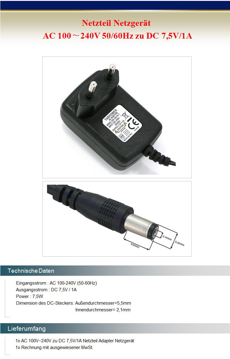 Netzteil 7,5V 1A Power Supply Netzgerät 1000mA AC DC Adapter