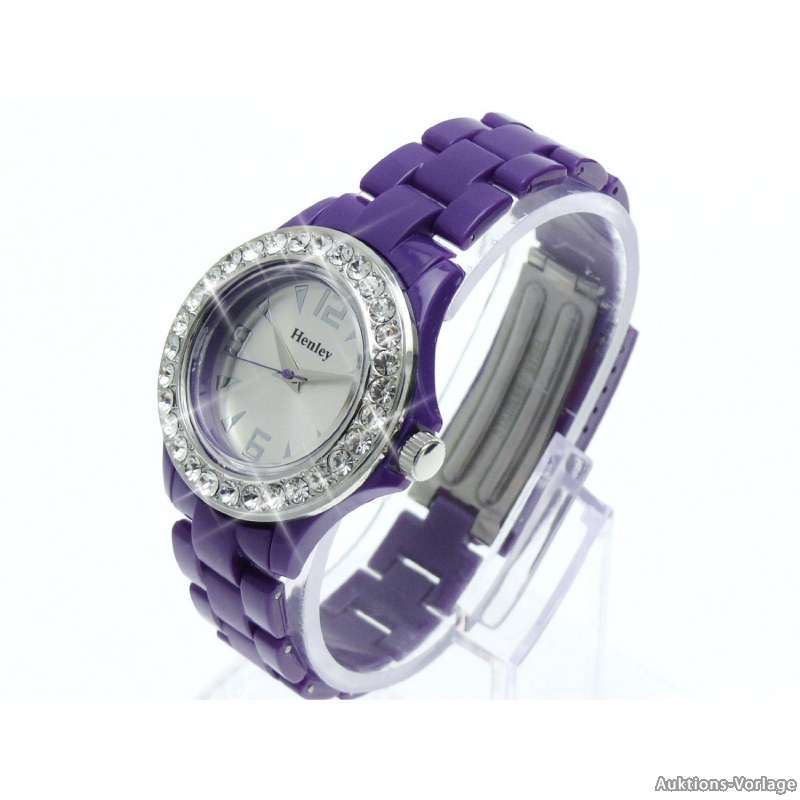 HENLEY Damenuhr,Trend Strass Uhr,Lila,Silber,NEU&OVP