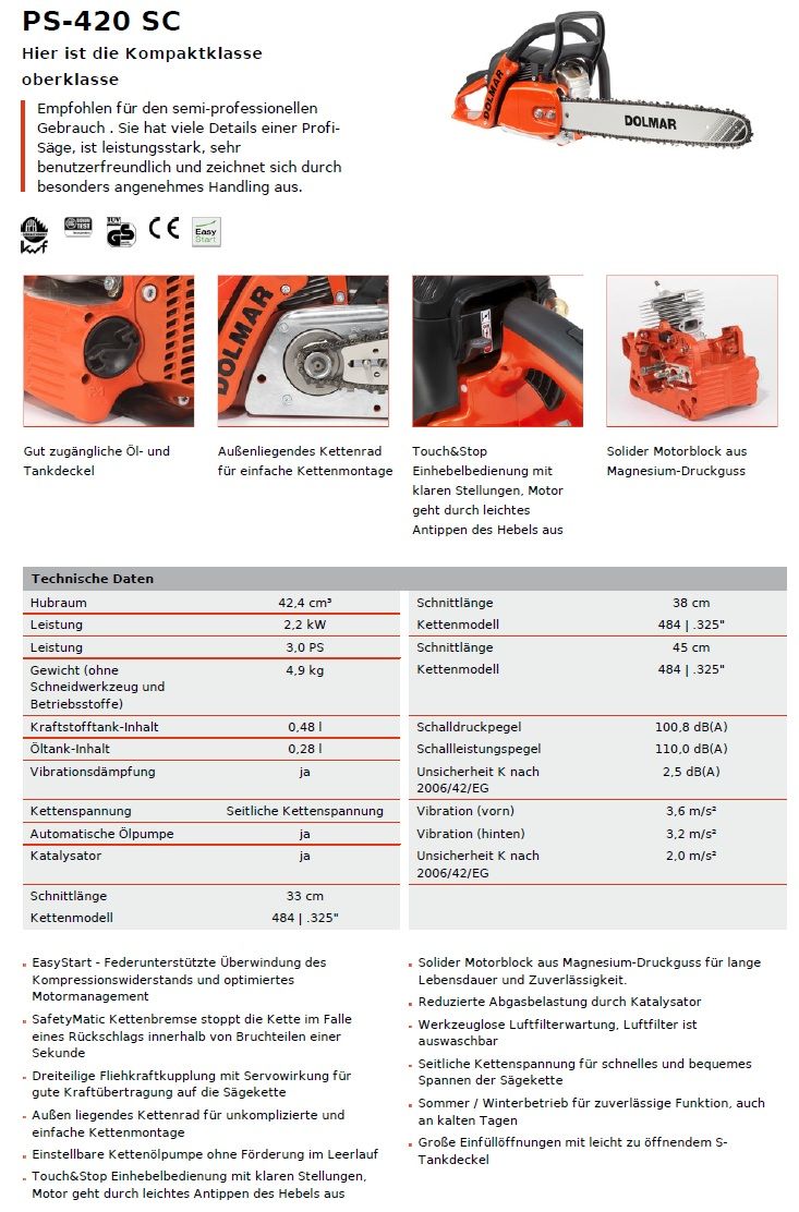 Kettensäge PS 350 SC / PS 420 SC / PS 500 C Motorsäge Säge