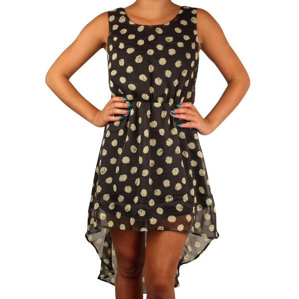 Damen Kleid Polka Gepunktet Hinten Saum lang vorne kurz Ärmellos