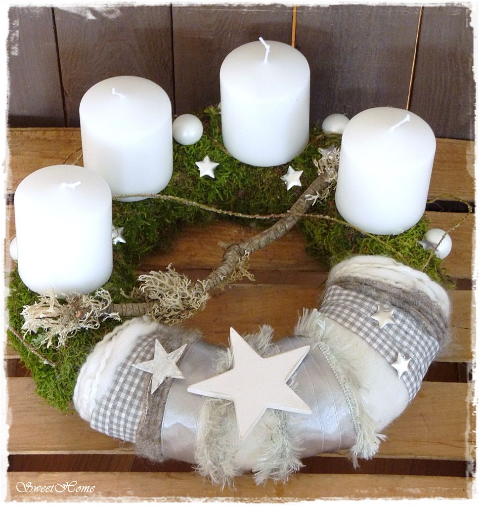 Adventskranz Kranz 33 cm Moos weiß grau kariert Filz, Landhaus shabby