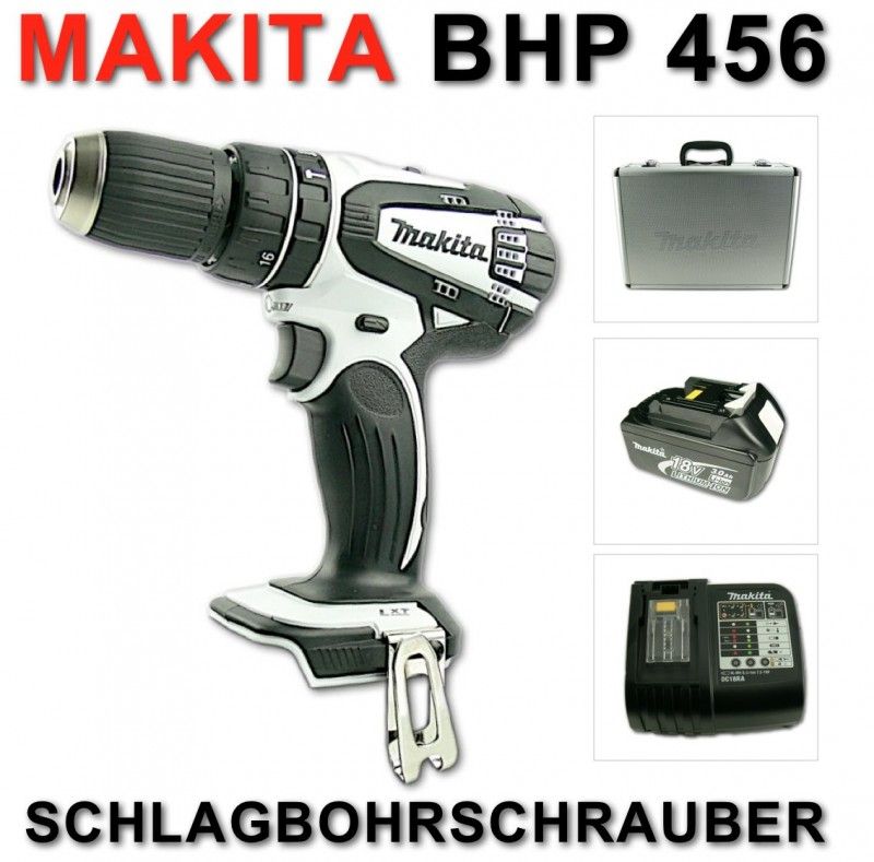 Makita BHP 456 18 V Akku Schlagbohrschrauber Weiss Akku Lader Alu