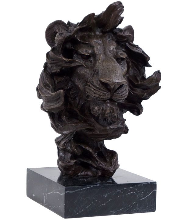 BRONZE LÖWEN FIGUR KOPF BÜSTE LION auf MARMOR SOCKEL SKULPTUR LÖWE