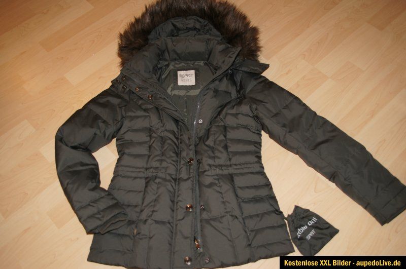 ESPRIT Jacke Daunen Winterjacke 36/S schwarz grün Daunenjacke Kapuze