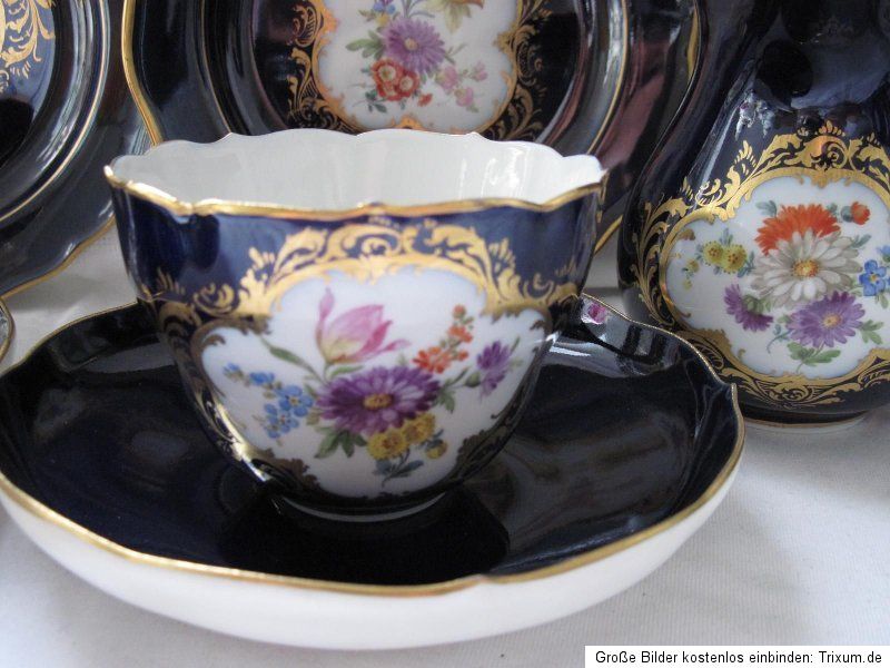 Meissen Kaffee Service mit vielen Blumen, Kobalt und Gold