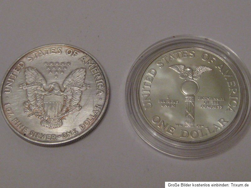 USA 1OZ SILBER 2007 + 1 DOLLAR SILBER GEDENKMÜNZ 1989   ANSEHEN